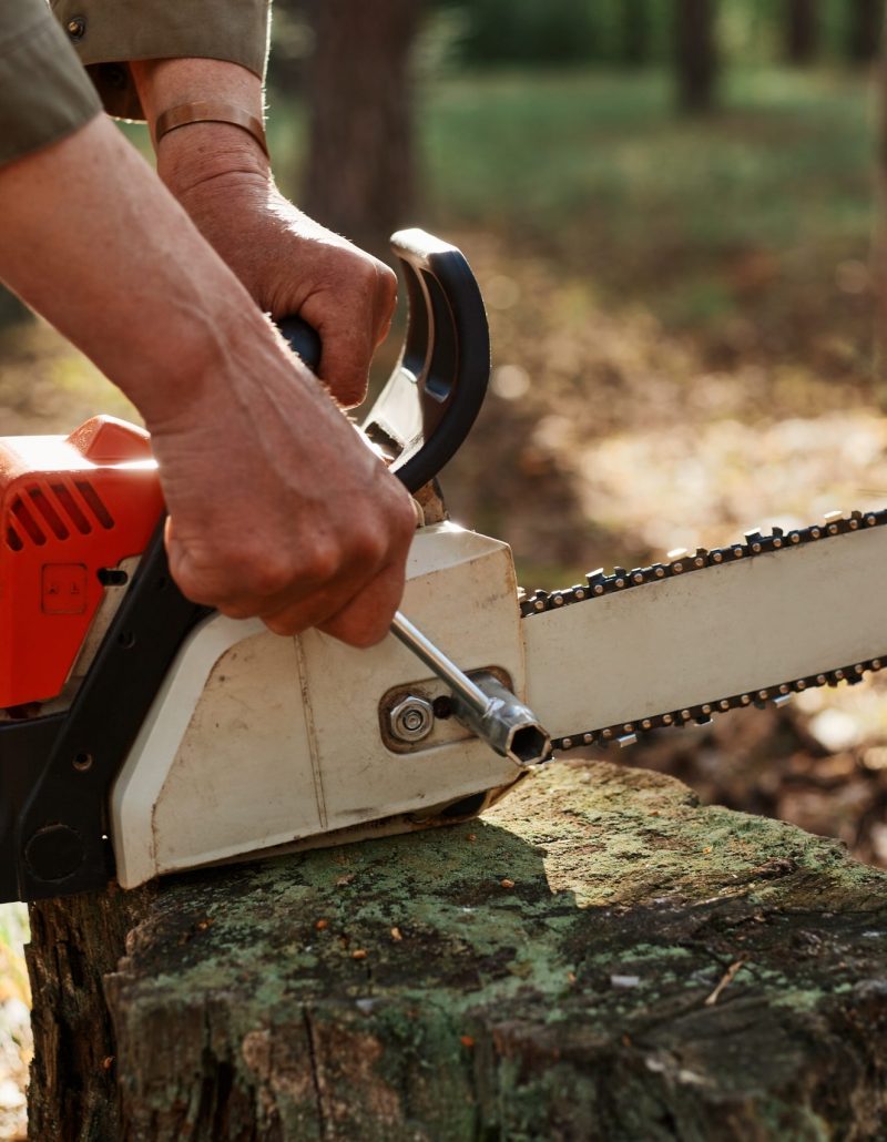 Outdoor shot of unknown person worker fixing chainsaw before or after deforestation, logger fixing tool for cutting trees, professional log, faceless woodsman working.